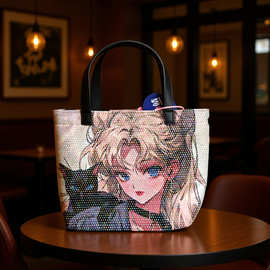 绒面帆布印花满钻卡通简约单肩斜跨手提中包斜挎镶钻潮流托特包