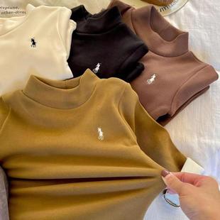 Girls' Half-high Collar Top T-Shirt Children's Base Shirt One-piece Velvet Winter Korean Style Boys' Thickened Long-sleeved Clothes Trendy