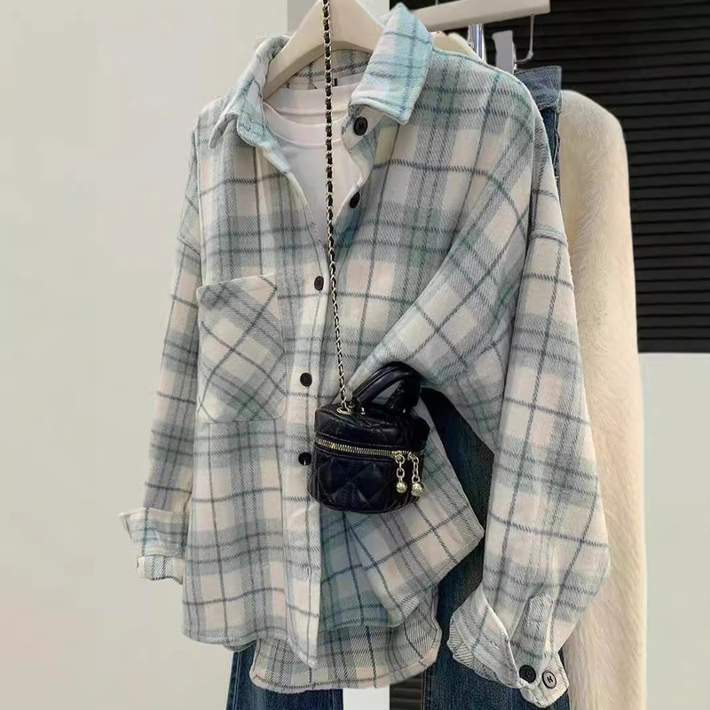 JGIRL Mori Green Sanding Plaid Shirt Women's Loose Lazy Style Meat-Covering Shirt Coat Long-Sleeved Trendy Top