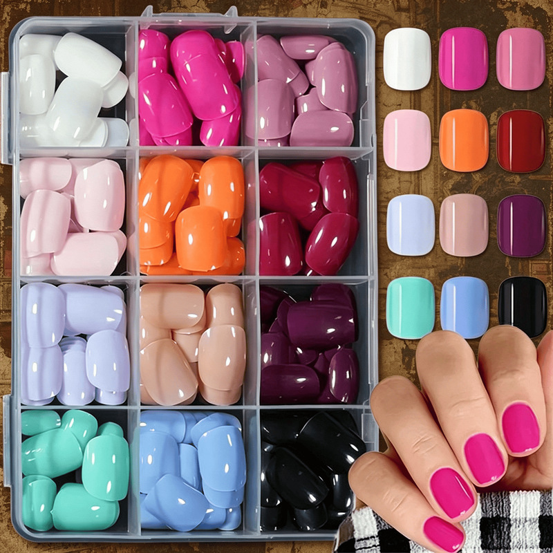 Cross-Border 12-Color 288-Piece Solid Color Nail Tips, Square and Round Glossy Dopamine Color Fake Nail Set, Wearable Nail Tips