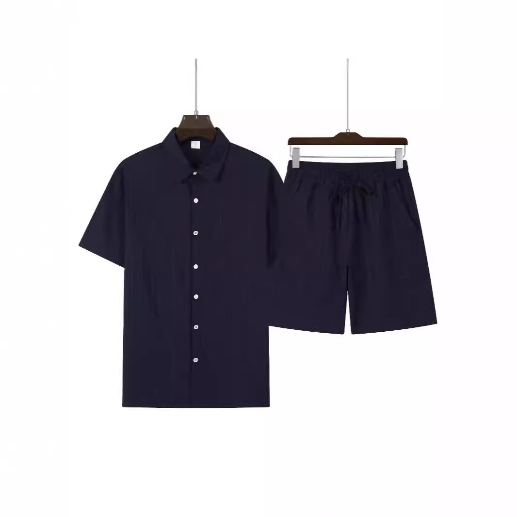 AliExpress 아마존 대외 무역 남자 해변 캐주얼 스포츠 반팔 셔츠 반바지 세트 큰 포켓 유럽 크기