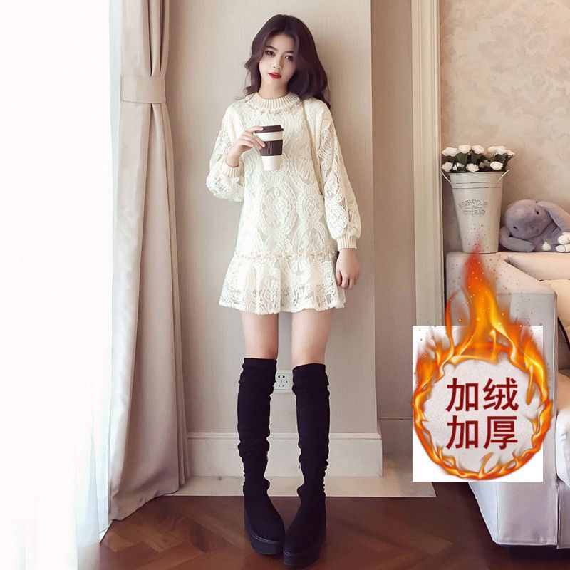 加绒加厚秋冬新款打底连衣裙韩版圆领缝珠荷叶边蕾丝打底a字短裙|undefined