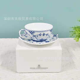 哥本家同款青花六角咖啡杯碟浮雕骨瓷下午茶茶杯陶瓷礼品送礼批发