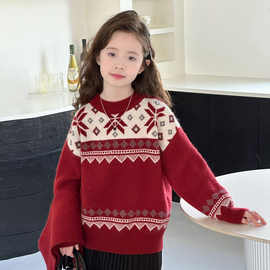 女童韩版休闲百搭长袖上衣中大童秋冬新款洋气拼色圆领针织衫毛衣