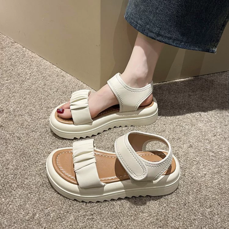 Пляжные сандалии оптом, лето 2025, для улицы, простые домашние шлепанцы с плиссированным ремешком на липучке, плоские, удобные