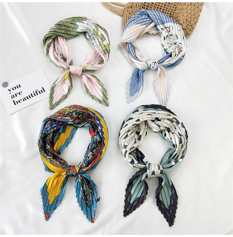 45g Weight Silk Scarf Classification Travel Occasion Silk Material Unisex Gender Sweet Style Khaki, Grey, White, Red, Green, Blue, Yellow, Black Color Korean Pleated Silk Square Scarf 3