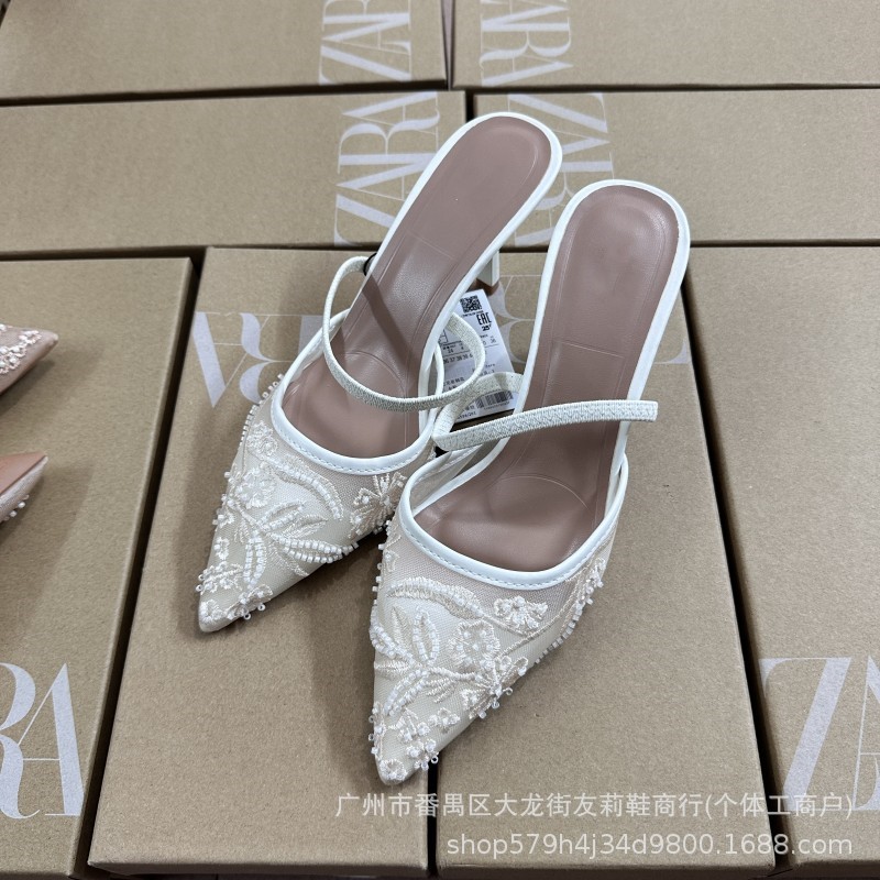 Za White High Heels for Women 2025 Summer New Mesh Embroidered Pearl Wedding Shoes Pointed Toe Stiletto Toe Sandals for Women