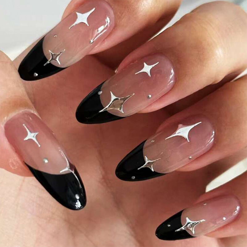 Cross-border European and American Finished Hand-worn Armor Long Water Drops Black French Star Removable Nail Art False Nail Pieces