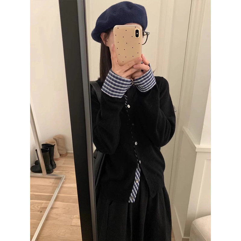 2025春季针织开衫女韩系减龄单排扣上衣外套撞色格纹拼接黑色毛衣|undefined