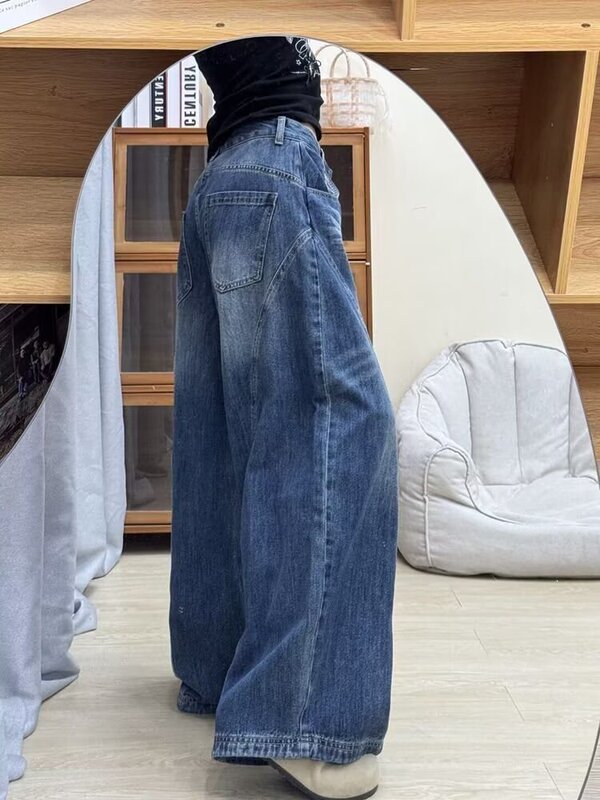 美式水洗弯刀牛仔裤女2025秋季新款高腰宽松显瘦垂感直筒镰刀裤子|undefined