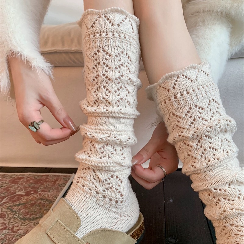 复古羊毛堆堆袜子女秋冬保暖针织镂空小腿袜韦雪同款毛线花边长袜|undefined