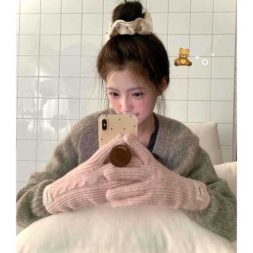 Touchscreen Thickenable Warm Gloves for Women - Winter Korean Style, Ins Knitted Outdoor Riding Cold-Proof Blue Split-Finger Gloves