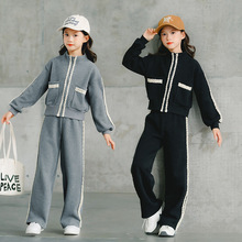 中大童秋冬小香风拉链阔腿裤套装女童开衫花边亲子装韩版时尚休闲