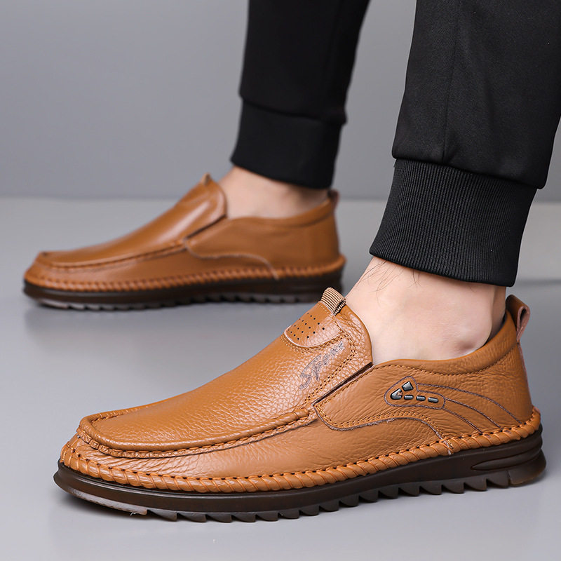 Giày lười nam da bò lớp đầu cỡ lớn, mũi tròn, đế bằng, phong cách casual — Màu nâu, Màu trắng ngà, màu đen