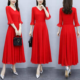 红色七分袖雪纺长裙子连衣裙春秋女装2024年新款大码气质显瘦长裙