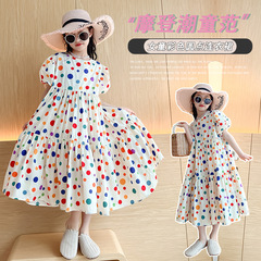 女童波點連衣裙2024新款女孩洋氣泡泡袖連裙子女大童韓版公主裙潮