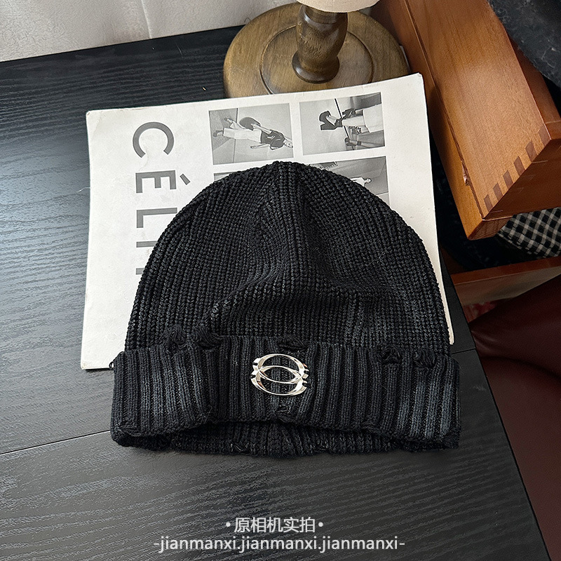 个性做旧脏脏破洞针织帽秋冬翻边套头帽保暖洋气字母标百搭毛线帽|undefined