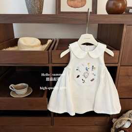 女童法式连衣裙2025夏季绣花贴布无袖连衣裙女宝宝时尚薄款翻领裙