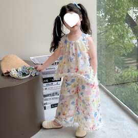 女童夏季套装2026新款儿童洋气时髦薄款花边宝宝无袖阔腿裤两件套