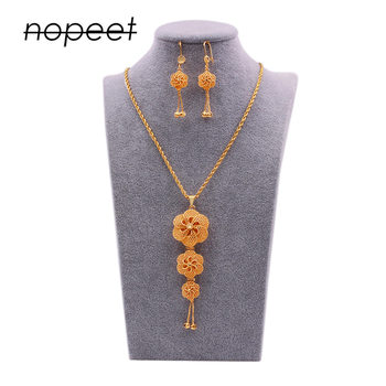 NOPEET Dubai 24K Gold Bridal Jewelry Set African Ethiopian Women's Necklace Pendant Earrings Gift