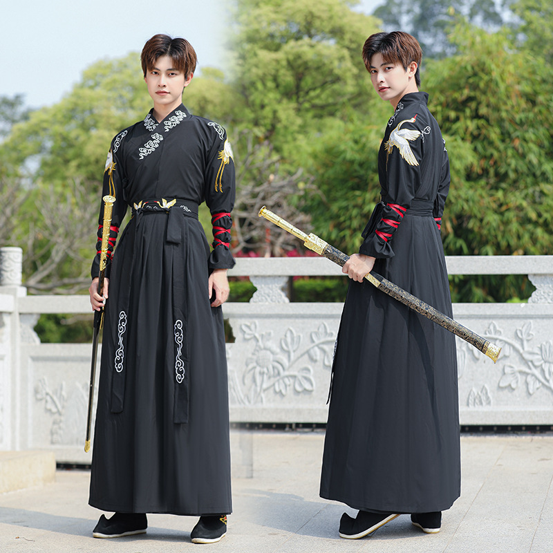 Chinese Style Men's Wushu Retro Student Class Clothing Group Clothing Antique Long Sleeve Hanfu Crane Black Embroidery suit Spring