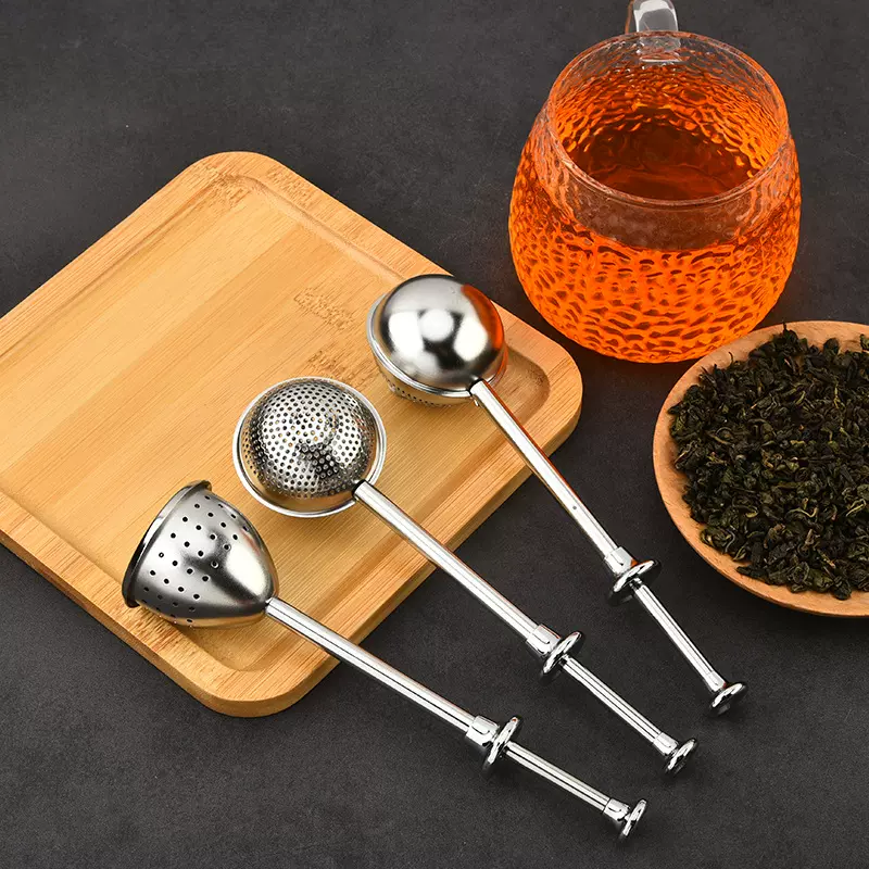 创意304不锈钢茶球按压式手柄泡茶器可伸缩茶漏茶具滤茶器现货
