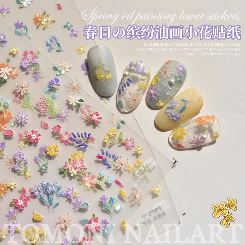 Nail Art Spring Colorful Oil Painting Flower Stickers 2026 New Flower Pattern Three-Dimensional Embossed Nail Decals Accessories