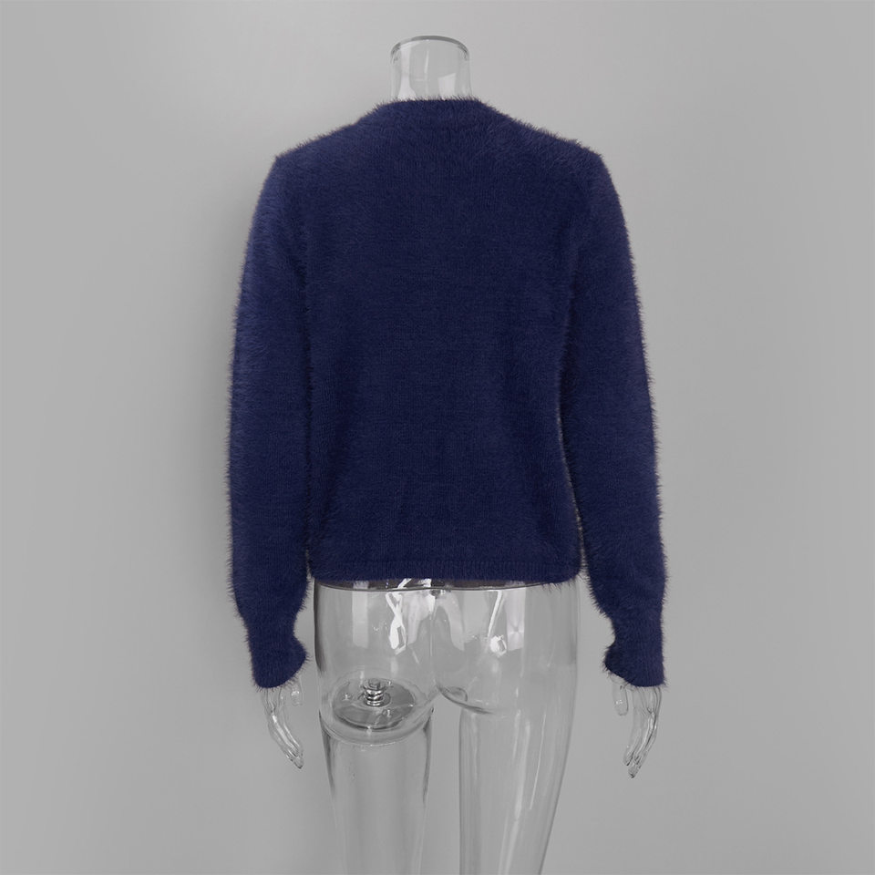 Áo khoác cardigan len nữ dáng ôm cổ tròn tay dài một hàng cúc chất liệu lông mềm mại — Màu hồng, Màu trắng, Màu xám nhạt, Xanh đậm chi tiết 45
