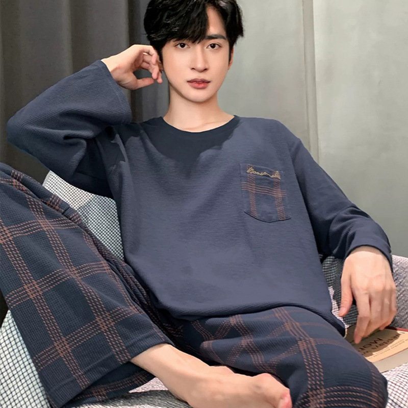 Pijamas de manga larga de los hombres de la primavera y el otoño de algodón puro más el tamaño de los hombres chicos adolescentes otoño e invierno otoño ropa para el hogar al aire libre