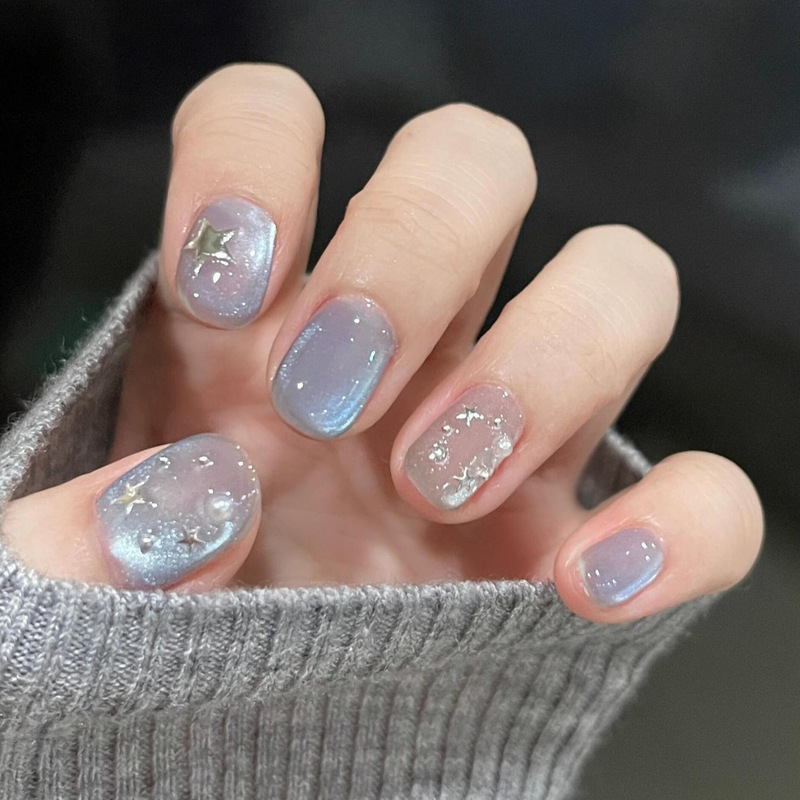Blue Glass Bead Cat Eye Pure Handmade Wearable Nails Whitening Simple Short Style High-End Manicure Patch Fake Nails Blue Glass Bead Cat Eye Pure Handmade Wearable Nails Whitening Simple Short Style High-End Manicure Patch Fake Nails