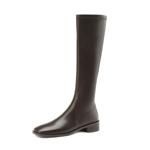 Demi-season retro brown elastic high boots square toe