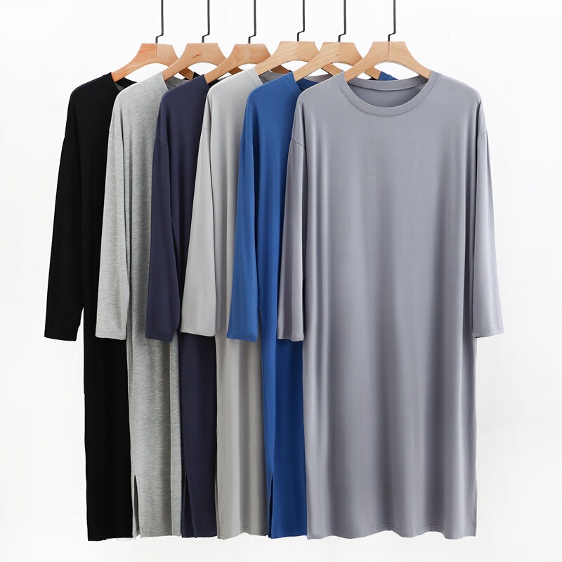 Modal Men's Nightgown Long-sleeved Dress Nightgown Thin Loose Large Size Medium Pajamas Casual Home Clothes