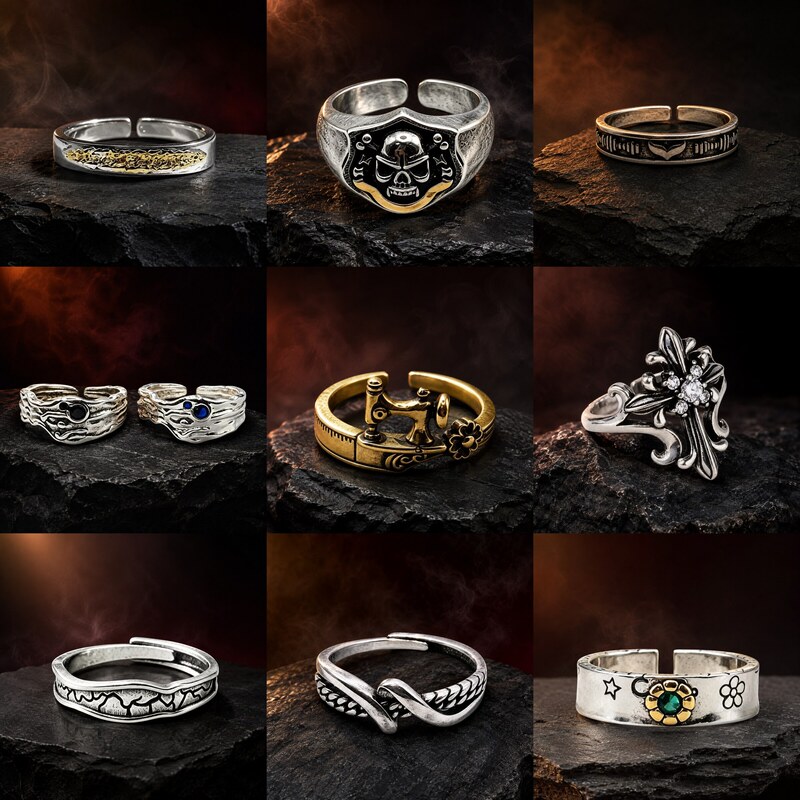 Cross-border vintage Thai silver exaggerated and domineering skull ring, Thai silver men's ring, personalized and trendy, adjustable open design Cross-border vintage Thai silver exaggerated and domineering skull ring, Thai silver men's ring, personalized and trendy, adjustable open design
