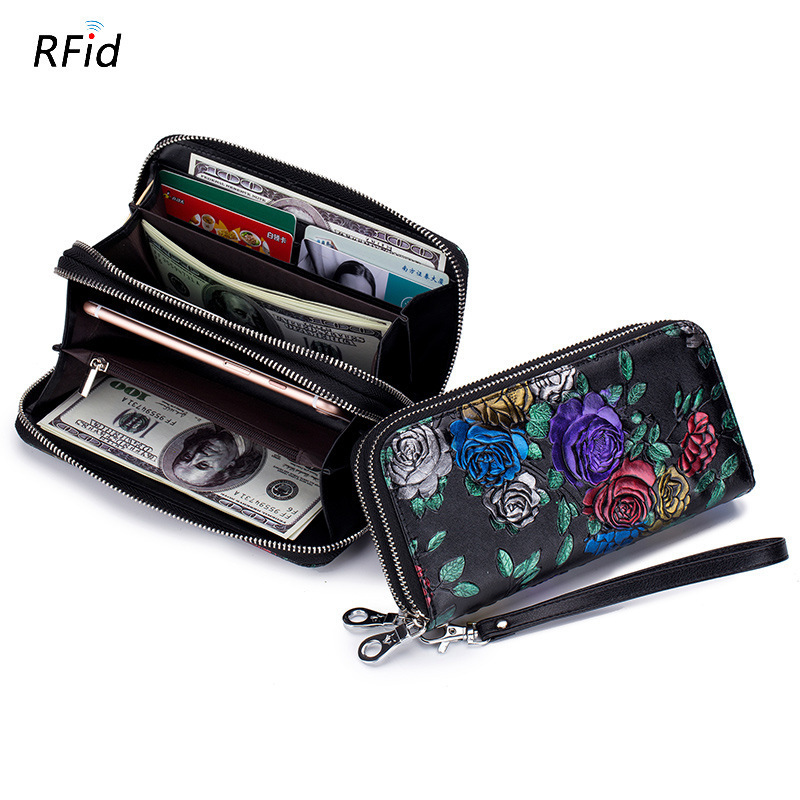 Genuine Leather Women's Large-Capacity Painted Double-Zip Long Wallet with Multiple Card Slots Rose Flower Wallet Wallet Women