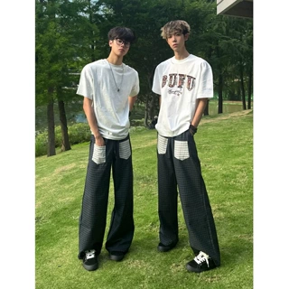 美式复古布贴口袋格子裤男女直筒宽松慵懒风阔腿裤百搭休闲长裤夏