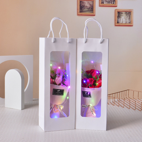 Matching soap flower rose bouquet with tote bag window visual gift box sales accessories