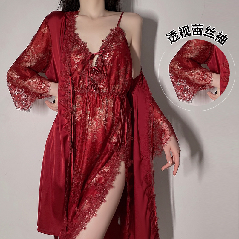 Guiruo Long Lace-Up Pajamas, Large Size Suspender Nightgown, Nightgown, Bathrobe, Bridal Dressing Gown, Women's Home Wear Set 311