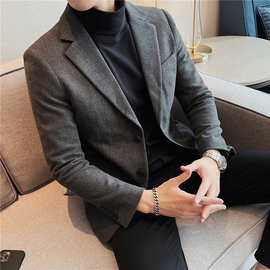 2023年男士毛呢休闲西服外套潮流暗条纹妮子西服灰色抖音天猫直播