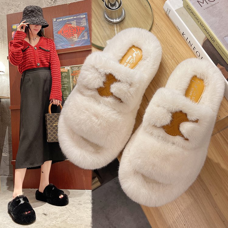 Furry slippers for women's outer wear thick-soled slippers women's wedge heels 2022 new autumn and winter home double-sided cotton slippers_voghion.com
