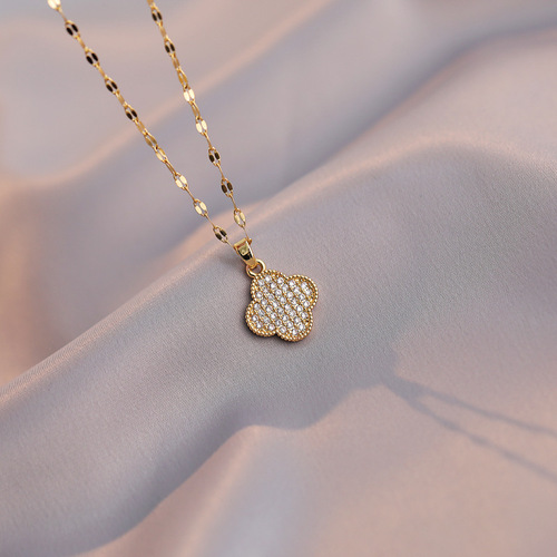 Necklace female Internet celebrity temperament four-leaf flower full diamond earrings light luxury niche design advanced simple set titanium steel necklace