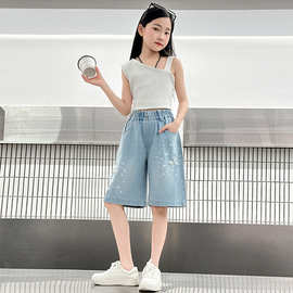 女童烫钻五分裤2026夏季新款洋气儿童韩版牛仔中裤宽松阔腿裤潮棉