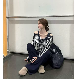 晨领秋季新款甜辣妹条纹假两件长袖T恤女设计感小众修身显瘦上衣