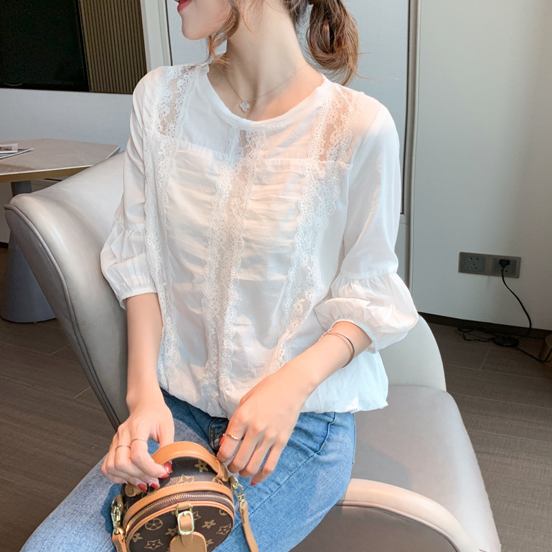 Chiffon Blouse for Women 2023 Summer New Fashion Lantern Sleeve Shirt Loose Lace Base Tummy-Covering Stylish Blouse
