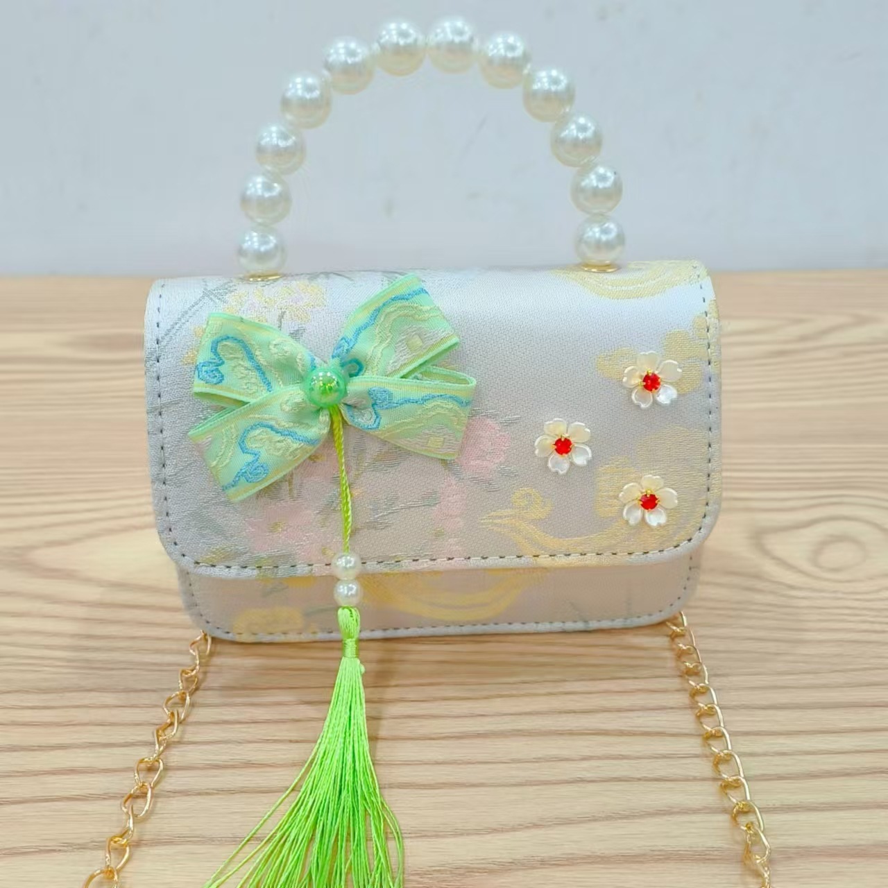Hermoso bolso de arco de perla para niños nuevo estilo antiguo bolso de borda de color extranjero bolso de hombro con diamantes