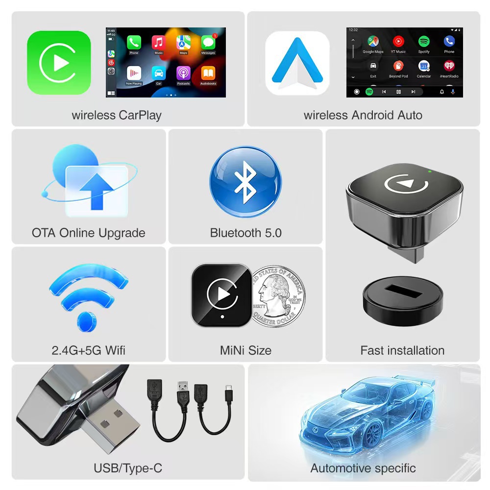 Cross-Border Two-In-One Wired to Wireless Carplay Box for Car Connectivity, Compatible with Apple, Android, and Linux Systems, Portable
