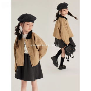 Girls' Jackets 2024 Autumn New Children's Khaki Windbreaker Jackets Tops Medium and Large Children's Style Lapel Jackets Wholesale