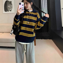2025秋冬新款韩版学院风简约POLO领条纹针织衫女撞色宽松套头毛衣