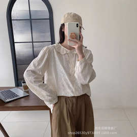 春款米色纯棉长袖衬衫女小众叠穿百搭日系刺绣花边领衬衣上衣9201