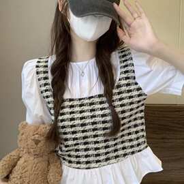 3317#夏季漂亮洋气小衫法式假两件短袖衬衫女设计感小众甜美别致