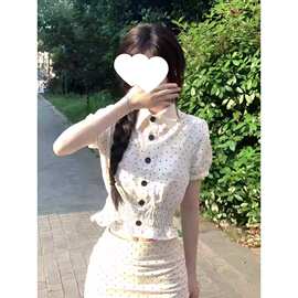 韩系学院风波点套装女夏季甜美短款翻领娃娃衫高腰半身短裙两件套